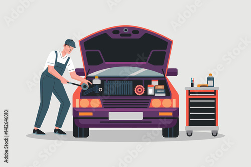 Mechanic repairing car engine vector illustration in auto repair shop