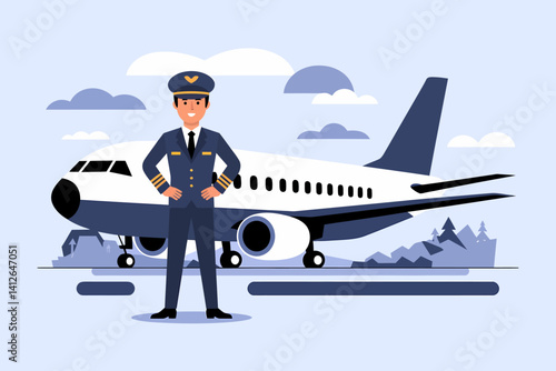 Confident Airplane Pilot Illustration with Commercial Jet and Sky Background