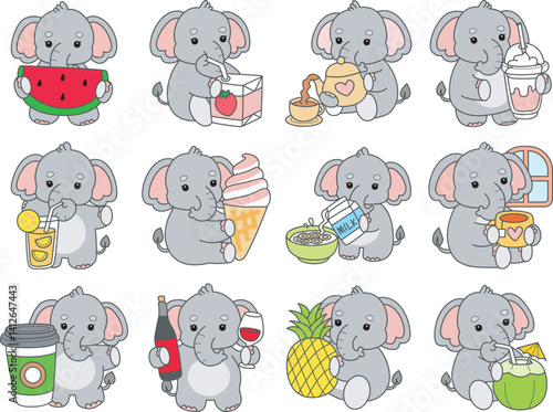 Cute Elephant vector icon. Funny baby Elephant animal series stock illustration. Life of fluffy Elephant designs.