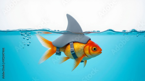 Goldfish with fin and shark fin hat swimming in clear blue water, playful underwater scene capturing humor and creativity