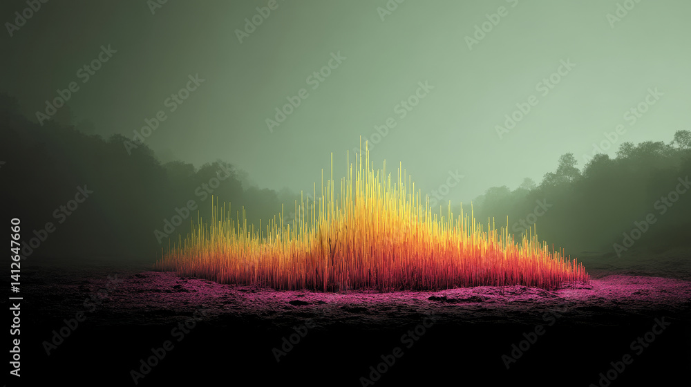 Vibrant light spikes sound wave rise in misty landscape for powerful abstract energy and festival concepts