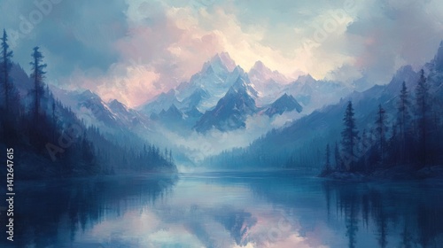 Serene Mountain Lake at Sunrise with Pink and Blue Hues