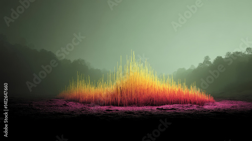 Obraz na płótnie Vibrant light spikes sound wave rise in misty landscape for powerful abstract energy and festival concepts w salonie