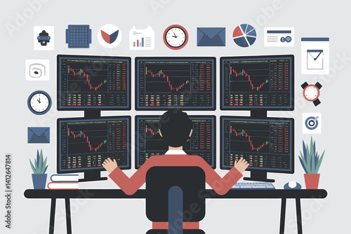 Stock Trader Analyzing Market Data on Multiple Monitors Illustration