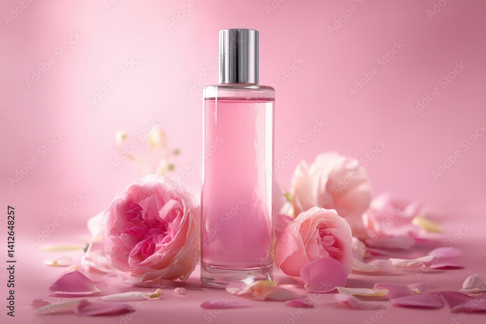 Romantic pink roses and crystal perfume bottle still life with delicate floral arrangement and soft lighting. Romantic pink roses and crystal perfume bottle still life with delicate floral arrangement and soft lighting.