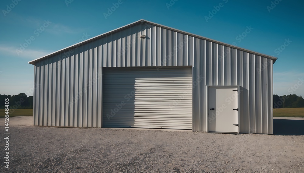 Metal storage shed and garage with a open garage door set on a gravel or dirt surface against a clear blue sky created with generative ai Metal storage shed and garage with a open garage door set on a gravel or dirt surface against a clear blue sky created with generative ai