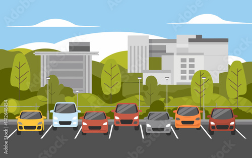 Cars parked in parking lot near modern building, vector illustration
