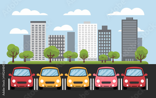 Colorful Cars Parked in Urban Cityscape Illustration with Buildings and Trees