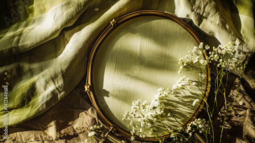 Tambourine mid-frame, olive green backdrop with linen texture, boho neutral style