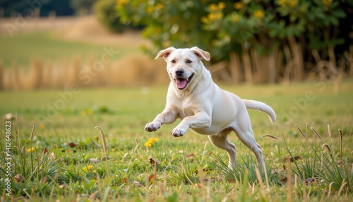 Energetic Labrador Retriever Playfully Jumping Across a Green Meadow in Bright Sunshine