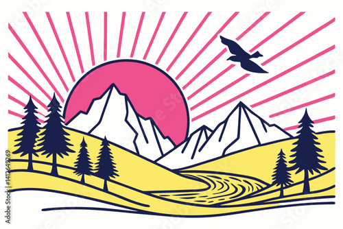9 Minimalist sunset landscape, vibrant pink sun, yellow mountains, stylized trees, geometric shapes, crescent moon, flying bird, wavy water, pink rays, flat design, bold colors, simple illustration, v