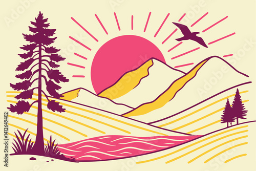 9 Minimalist sunset landscape, vibrant pink sun, yellow mountains, stylized trees, geometric shapes, crescent moon, flying bird, wavy water, pink rays, flat design, bold colors, simple illustration, v