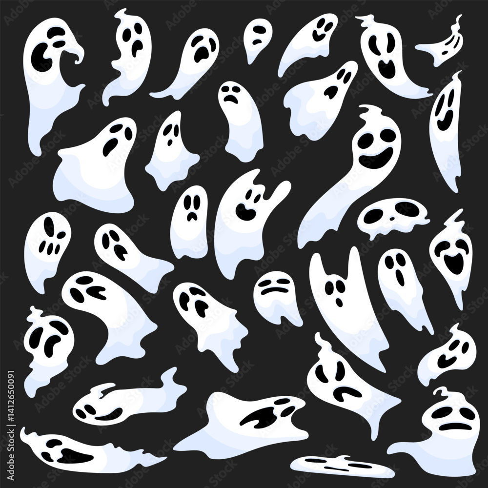 Set of ghosts with emotions in differents shapes
and moves. Set of ghosts with emotions in differents shapes
and moves.
