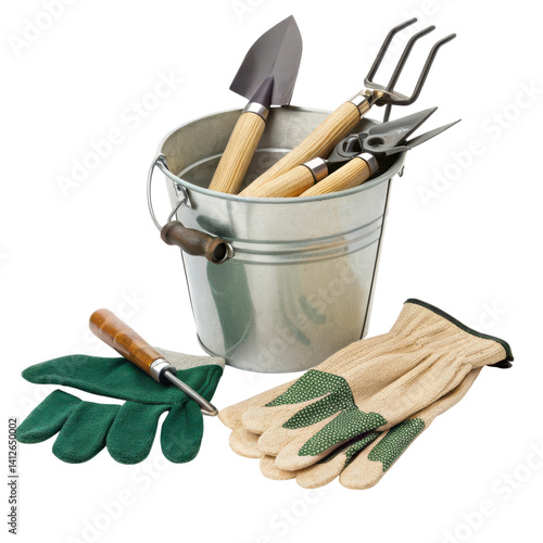 Gardening tools in a bucket with gloves, ready for planting and outdoor work.