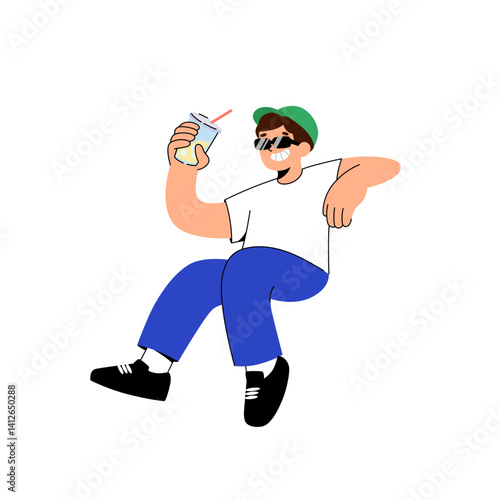 Young man sitting  and relaxing drinking cocktail. Summer vacation concept. Outsourcing, freelance.Man enjoying cold sweet drink. 