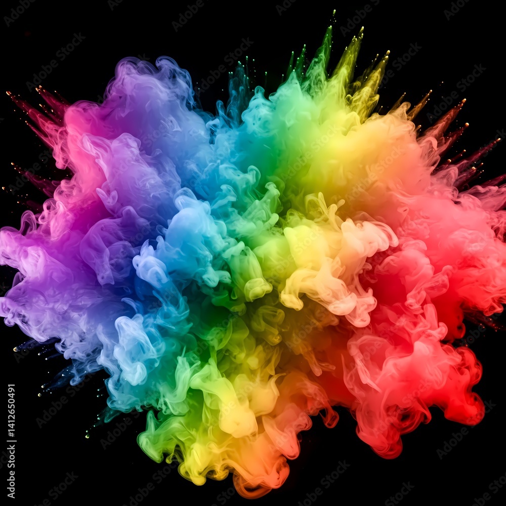 Fototapeta premium A full-color explosion of orange, green, and purple particles.