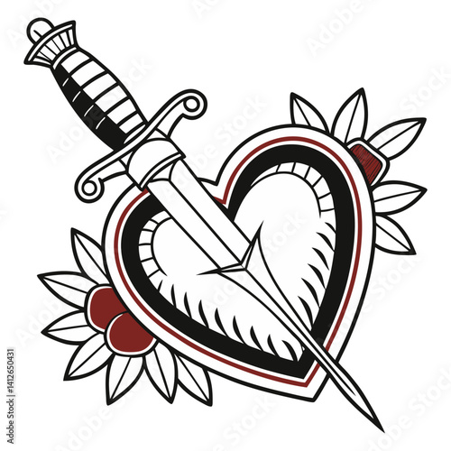 Dagger piercing heart adorned with vibrant flowers in classic old school tattoo style. Representing love, pain, betrayal, lost romance, bold design, traditional tattoo symbolism.