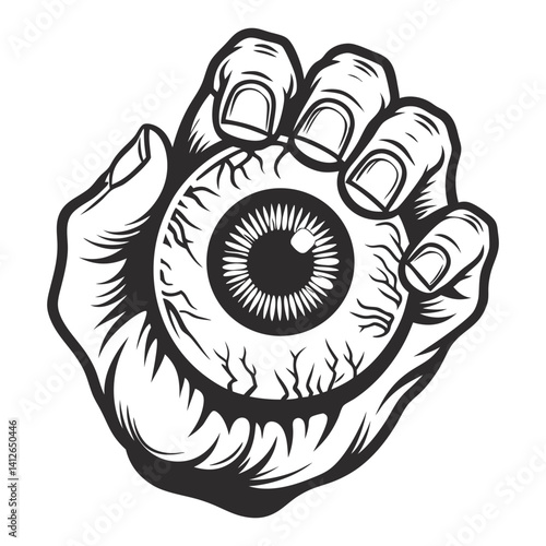Monochrome vintage drawing depicting human hand gripping realistic eyeball. Old school tattoo style, unsettling occult aesthetic, eerie graphic design, dark artistic concept, bold symbolism.