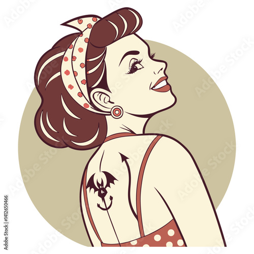 Pin up model revealing bat tattoo, wearing dotted bandana, elegant earrings, vintage style dress. Looking upward with confident smile, old school tattoo style, bold design, retro charm.
