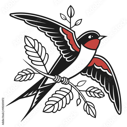 Old school tattoo of a swallow bird flying over red flowers with leaves, showing spread wings and tail feathers in a traditional american tattoo style