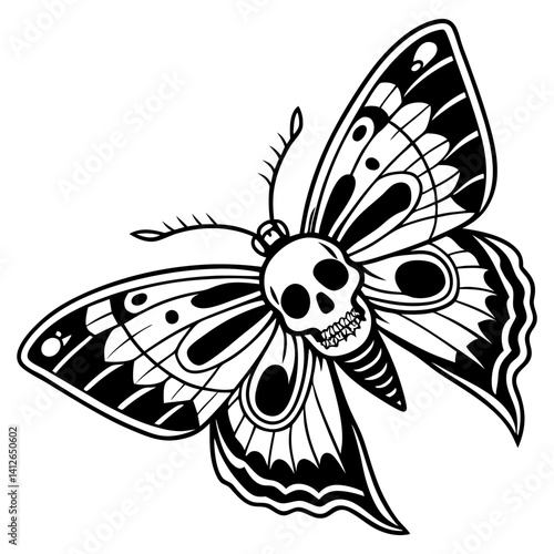 Old school tattoo of moth with skull shaped body and detailed wings, creating striking visual representation of life and death. Black and white tattoo