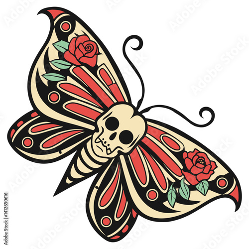 Neo traditional old school tattoo of moth with skull shaped body and detailed wings, creating striking visual representation of life and death.