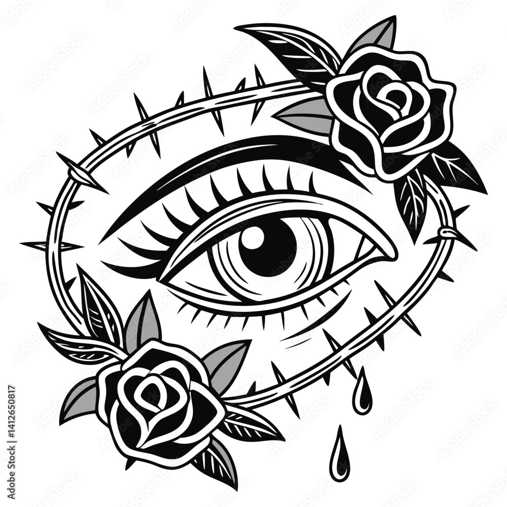 Stylized eye with tears and roses in thorn frame. Old school tattoo design in bold black and white for vintage tattoo art, emotions, symbolism, retro style.