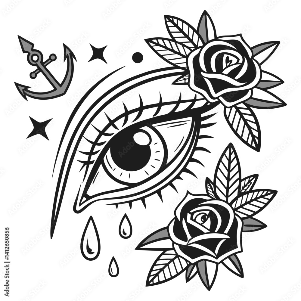 Weeping eye with anchor, roses, stitched contours in black and white. Old school tattoo style with emotional symbolism, classic vintage design, traditional elements.