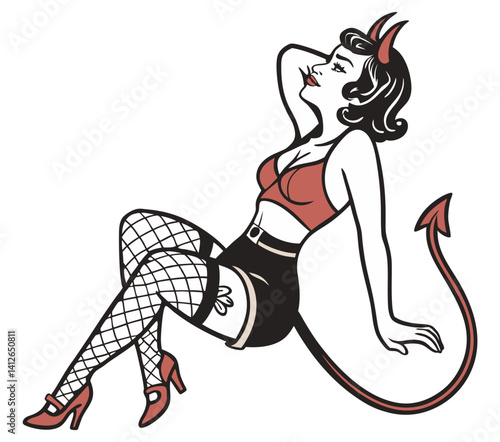 Vintage style devil girl in pin up pose, sporting fishnet stockings, high heels, horns, pointed tail, reclining with hand against head. Aesthetic of traditional old school tattoo art
