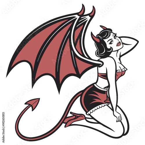Kneeling pin up devil girl featuring horns, tail and wings, holding her hair in a classic old school tattoo style. Aesthetic of traditional tattoo art