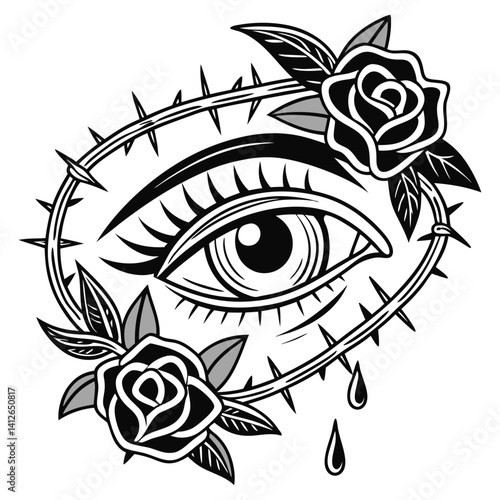 Stylized eye with tears and roses in thorn frame. Old school tattoo design in bold black and white for vintage tattoo art, emotions, symbolism, retro style.