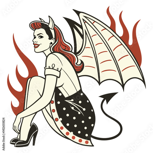 Vintage pin up style devil girl with horns, tail and wings, sitting beside flames in old school tattoo style. Aesthetic of traditional tattoo art