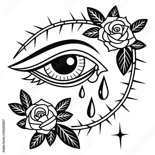 Stylized eye with tears and roses in thorn frame. Old school tattoo design in bold black and white for vintage tattoo art, emotions, symbolism, retro style.