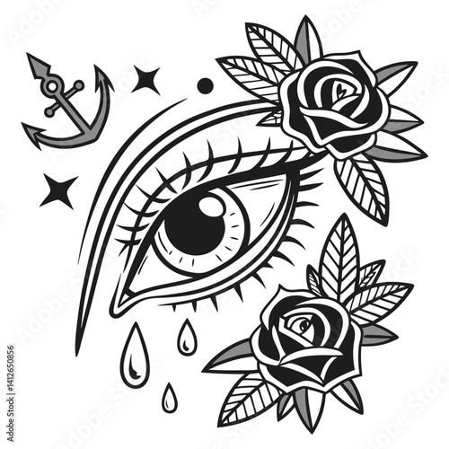 Weeping eye with anchor, roses, stitched contours in black and white. Old school tattoo style with emotional symbolism, classic vintage design, traditional elements.