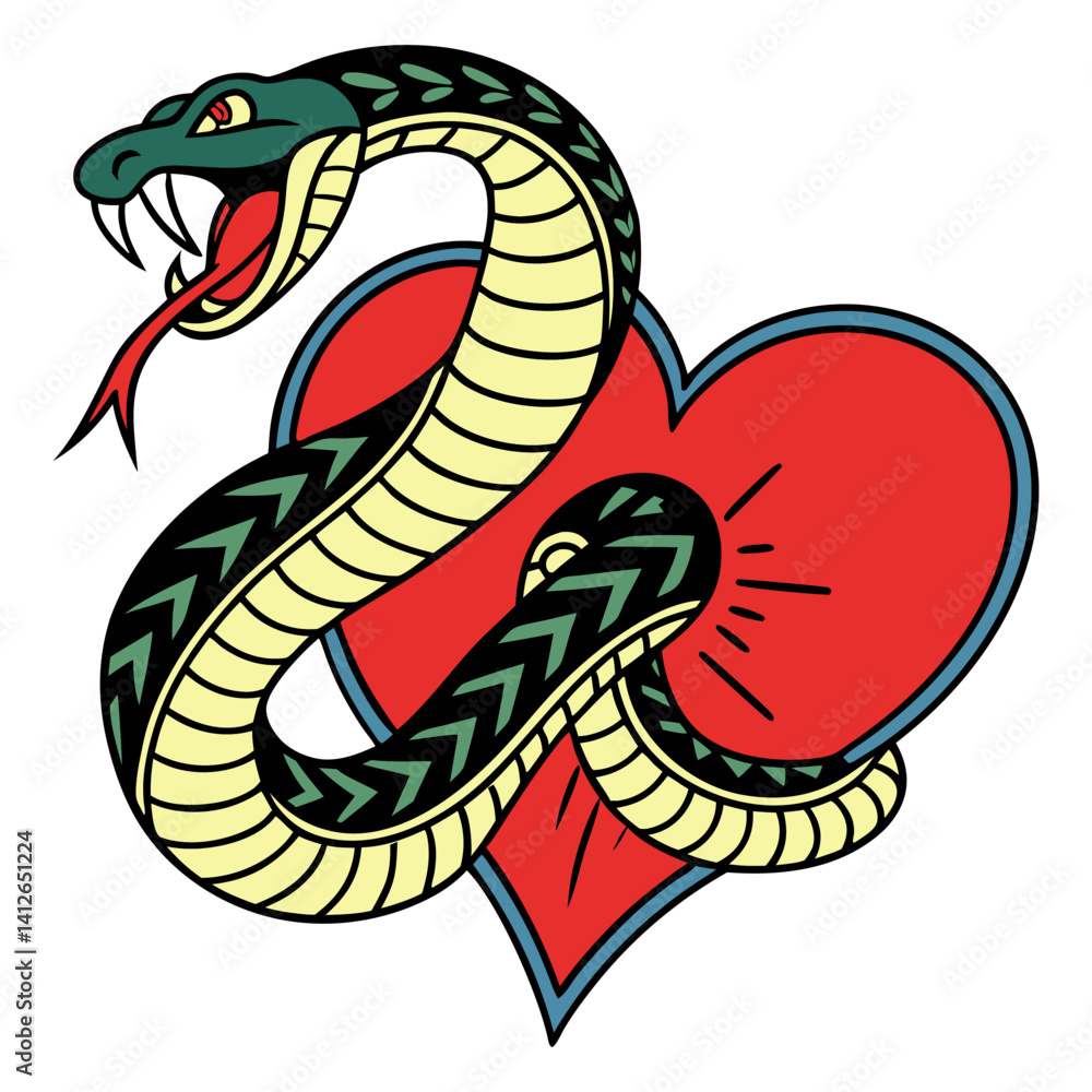 Fototapeta premium Snake with forked tongue coiling around vibrant red heart. Classic old school tattoo style, bold design, traditional tattoo artistry, emotional symbolism.