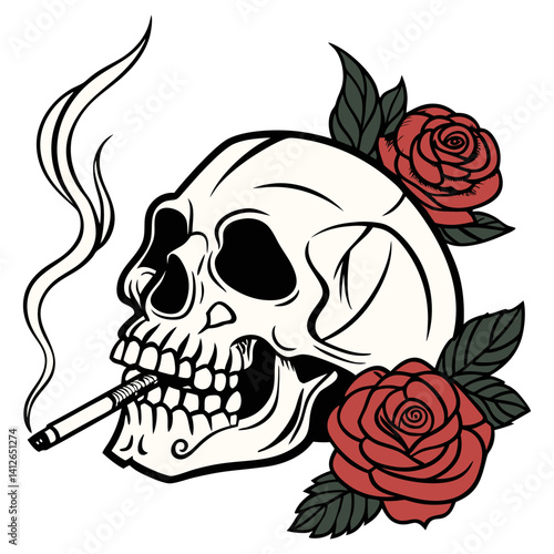 Old school tattoo design featuring skull smoking cigarette, adorned with two vibrant red roses and delicate smoke tendrils. Striking, edgy composition, bold design, classic tattoo style.