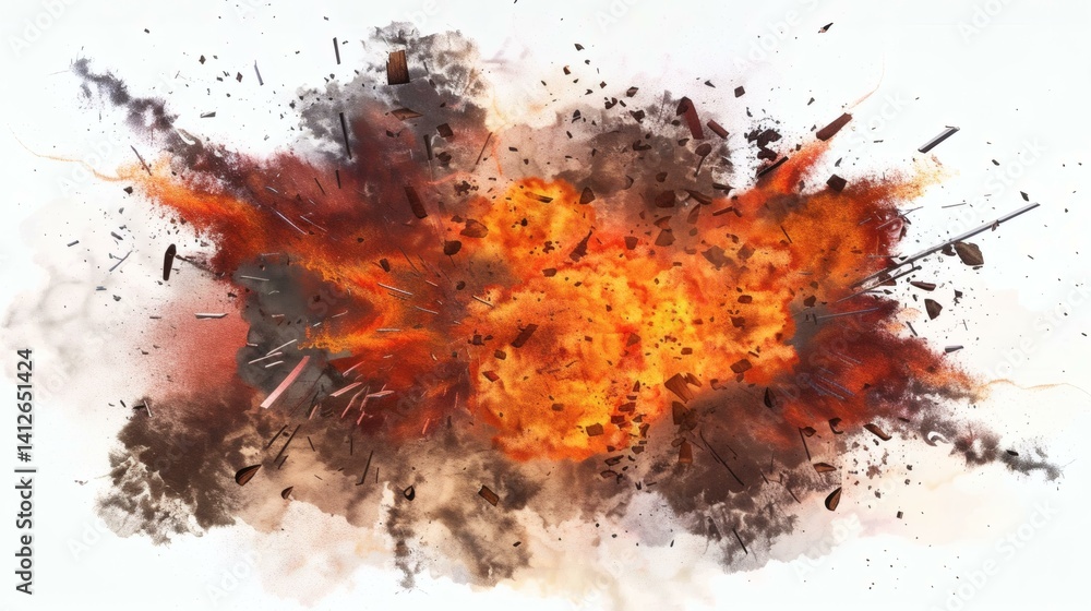 Dynamic Explosion of Fiery Energy and Shattered Debris Against a Clean White Backdrop Dynamic Explosion of Fiery Energy and Shattered Debris Against a Clean White Backdrop