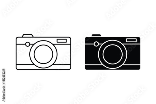 Camera icon set in black and white with minimal retro design and lens detail.
