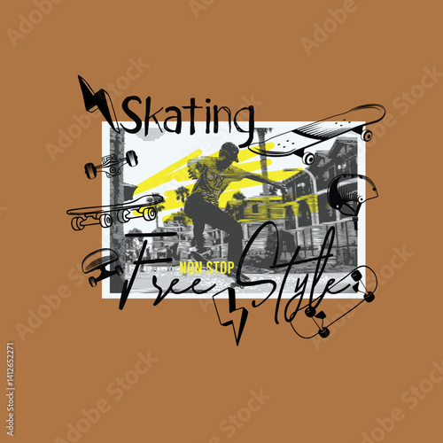 Skating non Stop Free Style street wear vector graphic tee