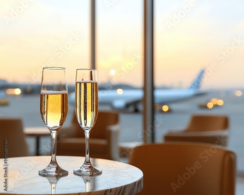 luxury airport lounge experience showing elegant seating, ambient lighting, champagne on marble table and blurred airplanes outside large panoramic windows