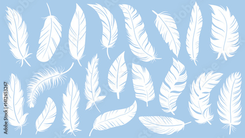 Set of white bird feathers on blue background. Collection of graceful detailed, curved, smooth feathers. Light airy weightless feather symbol. Vector elements
