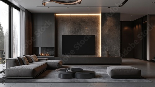 Modern Grey Living Room Interior Design with Fireplace