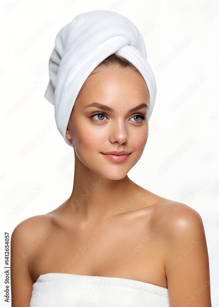 Young Woman with Clean Skin and Towel Wrap – Wellness Beauty Concept - Close up view Young Woman with Clean Skin and Towel Wrap – Wellness Beauty Concept - Close up view