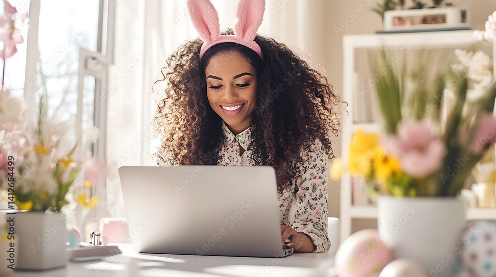 Fototapeta premium A young Black female executive with natural curly hair wears playful pink bunny ears while working on a silver laptop at a modern white office desk adorned with pastel Easter eggs and floral