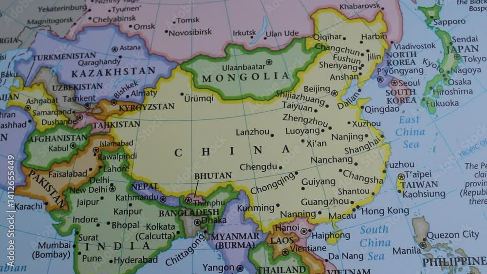 close up of the country of China viewed on a wold map as a travel concept. China on a map. Political map of China
close up of the country of China viewed on a wold map as a travel concept. China on a map. Political map of China