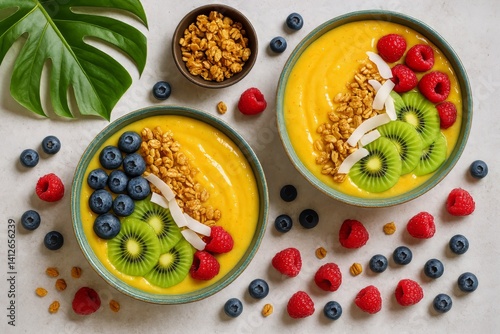 Fresh Tropical Smoothie Bowls Topped With Fruit and Granola, Perfect for Brea...