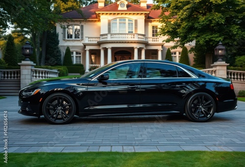 Sleek black sedan parked in driveway of grand estate, architecture, prestige
