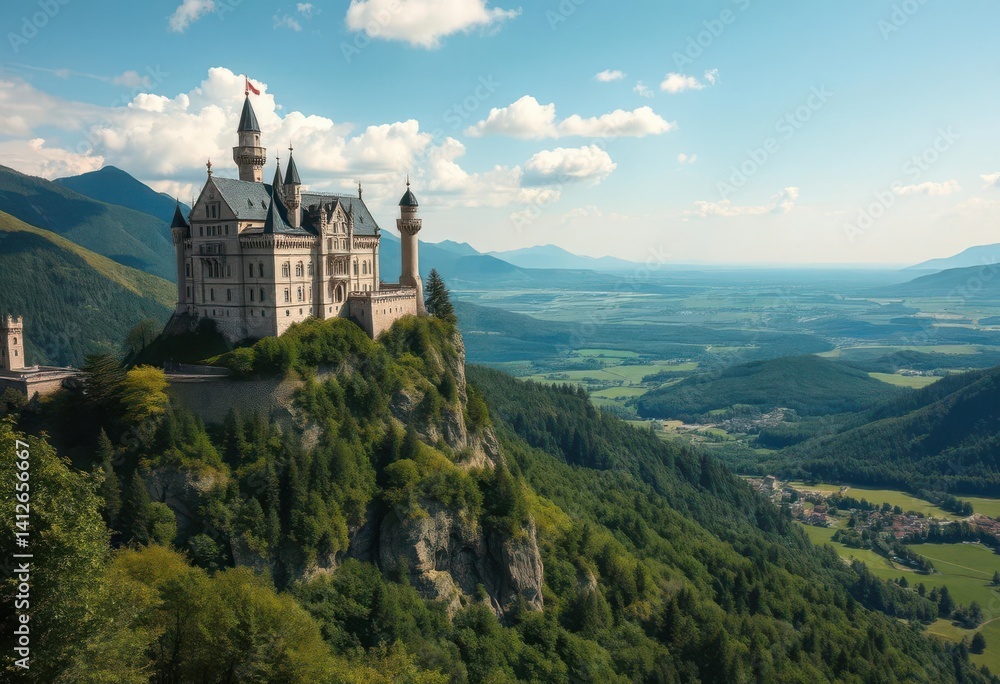 Fototapeta premium Majestic castle perched atop a verdant hill, overlooking a sprawling valley, water, stone