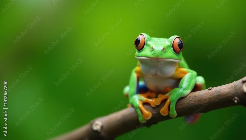 Naklejka premium Green tree frog perched on white, vibrant skin, element, pure