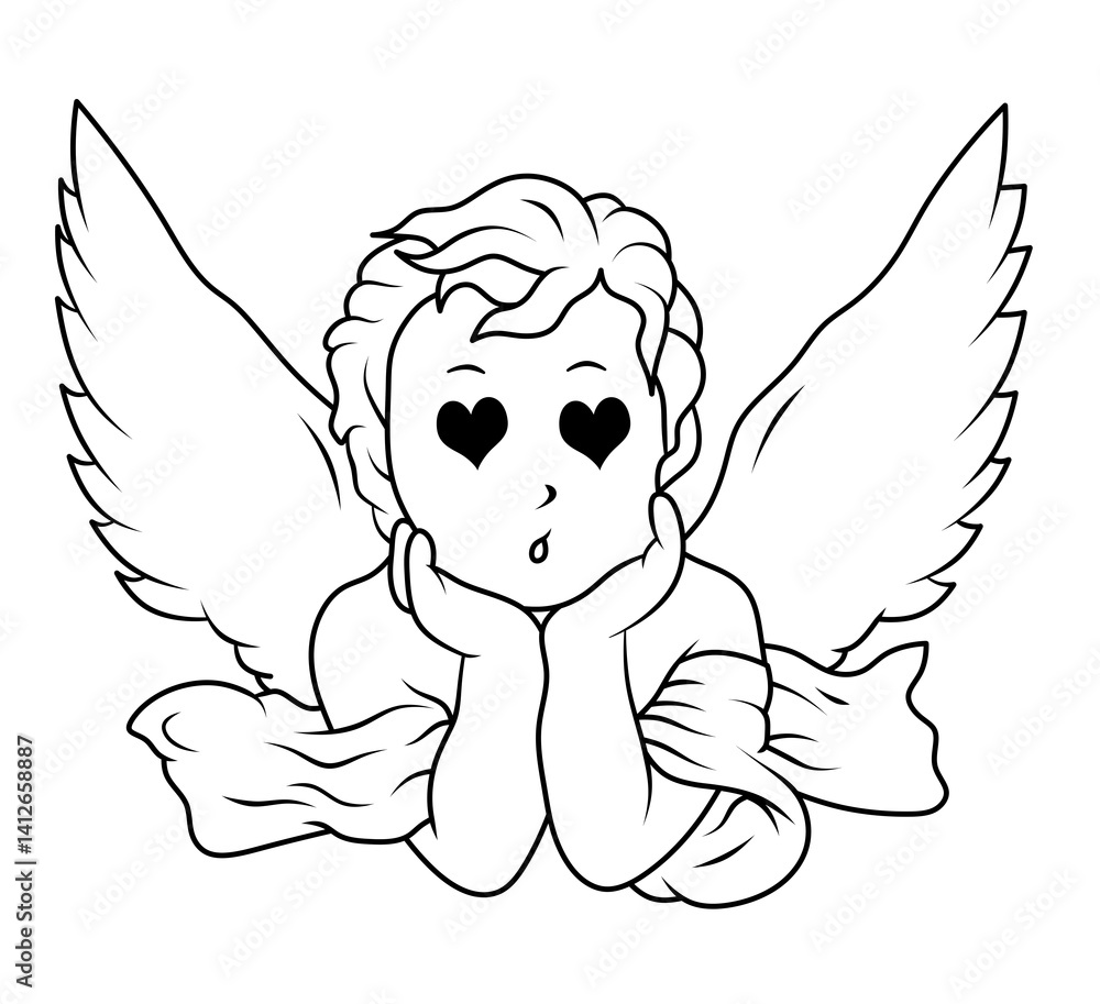 Fototapeta premium Angel child with angel wings looking in love, hearts instead of eyes. Cupid in love black and white illustration drawn with lines